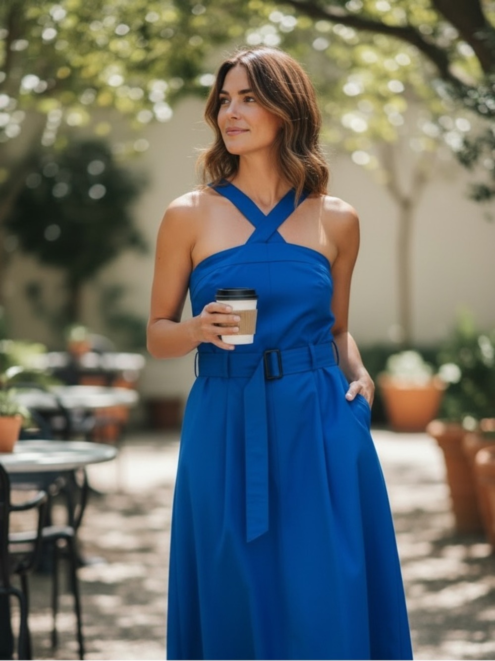 Hugo Boss Cobalt Blue Cross-Strap Belted Maxi Dress